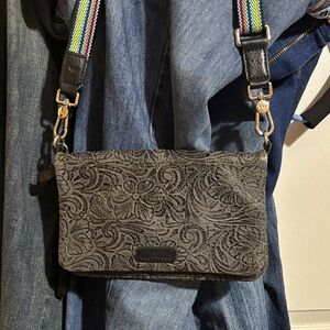 Consuela Black Embossed Crossbody Bag with Multicolor Strap
